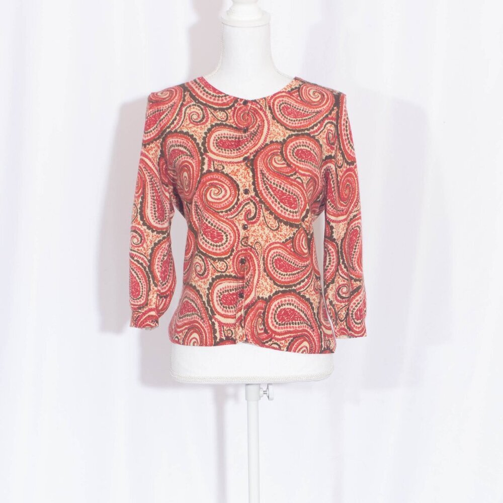 TALBOTS Petite Paisley Print Pure Merino Wool Cardigan Size PL